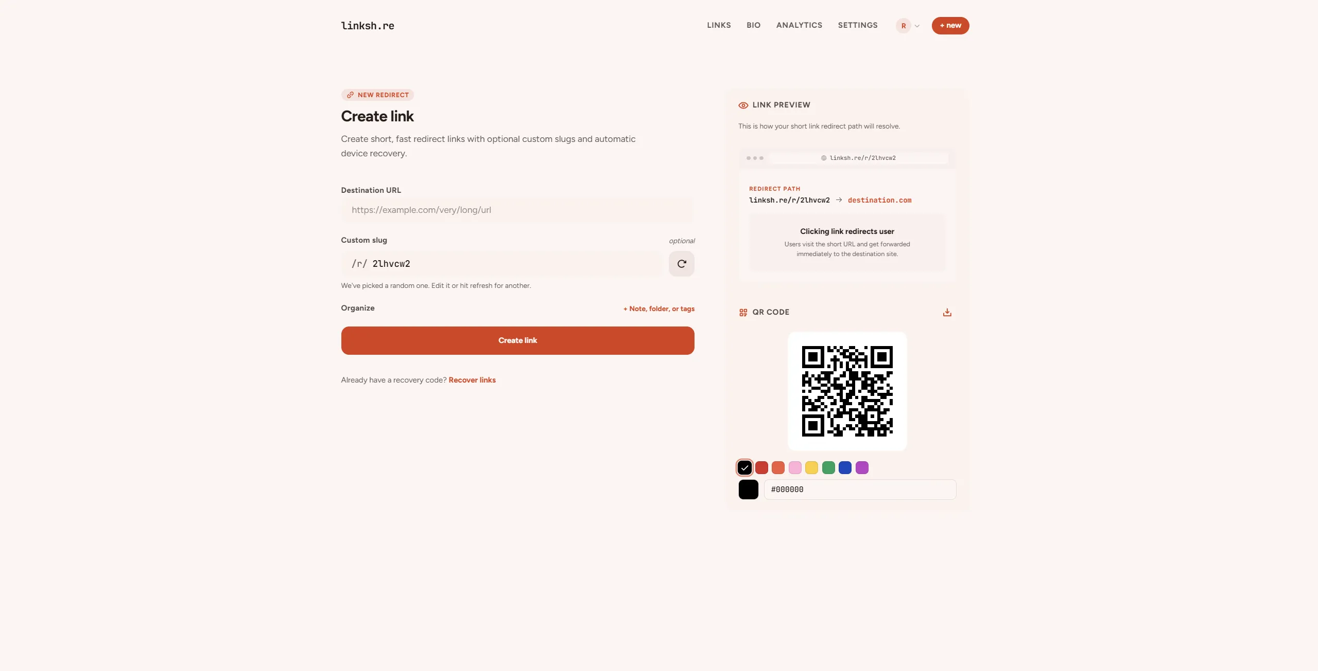 linksh.re Create link screen with a destination URL field, a custom slug, a live redirect preview and a colour-picker QR code