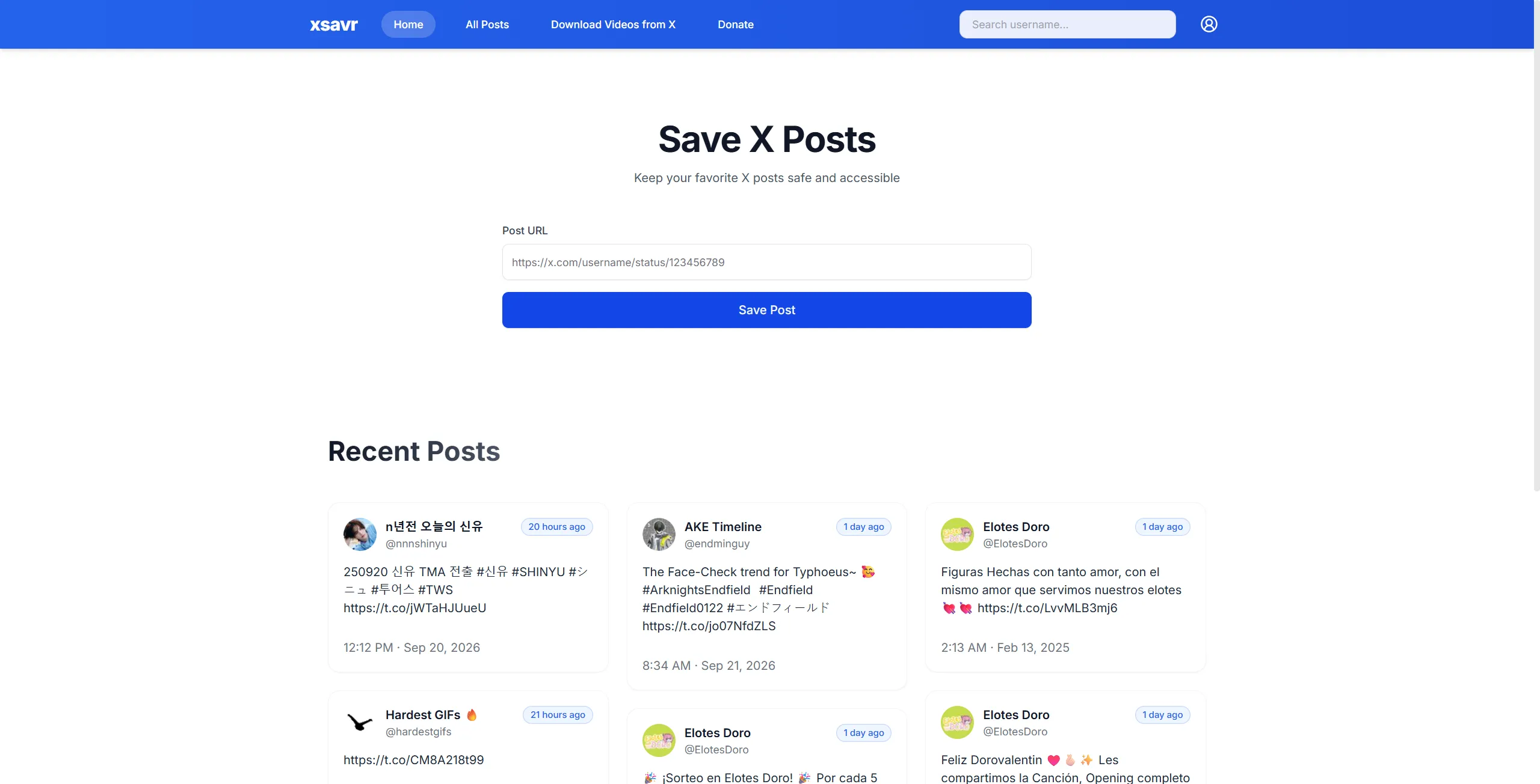 xsavr home page with a Save X Posts form for pasting a post URL, above a grid of recently saved posts